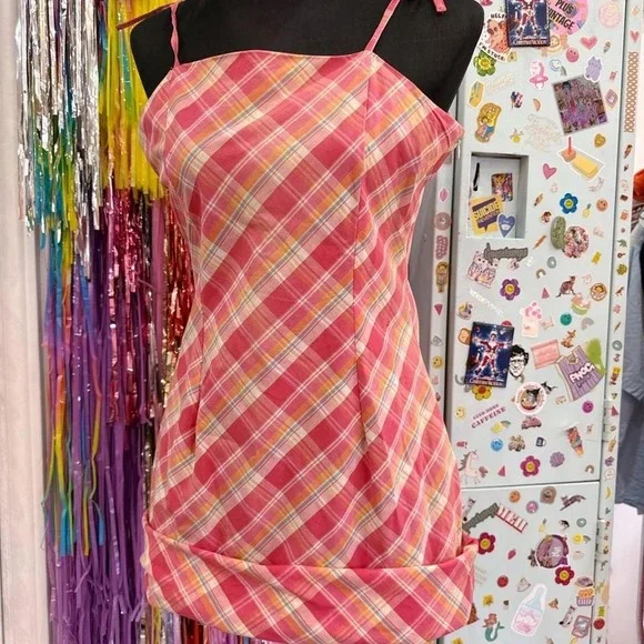 Vintage Y2K 2000s pink plaid dress with tie up straps - Picture 1 of 6